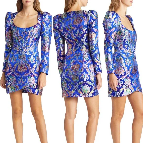 Lavish Alice: Jacquard Corset Embroidered Chinese Cobalt Wrap Mini Dress - Picture 6 of 13